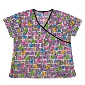 Just Love Multi-Color Butterfly V-Neck Scrub Top Medical Uniform ~ Women’s 2XL